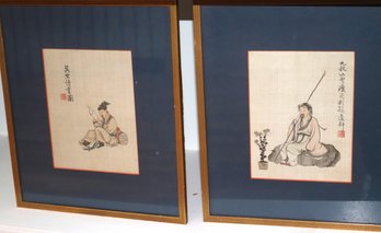Two Vintage Watercolor Paintings On Silk Of Chinese Scholars With Signature & Gold Frames