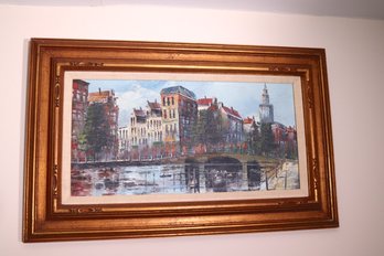 1950s Era European Street Scene On Canvas, With Bridge Over Canal And Buildings