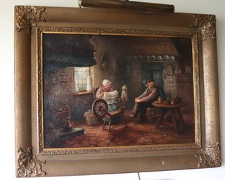 Jacques Monnickendam, Oil On Board Of Interior Scene With Older Couple