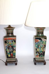 Pair Of Gorgeous Hand Painted Chinese Lamps, Amazing Detail Throughout Of Feudal Warriors & Wisemen