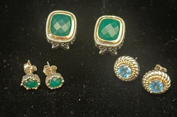 14K YG/ Sterling Silver 3 Pair Of Earrings With Semiprecious Green And Blue Stones