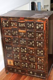 Antique Chinese Herbal Or Apothecary Cabinet With Brass Pulls And Handwritten Chinese Characters On The D