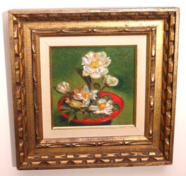 Small, Still Life Of Dogwood Flowers In Red Vase, With Ikebana Style Arrangement, Signed Fleischer.