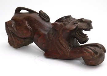 Vintage Hand Carved Wood Lion Sculpture