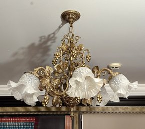 Gorgeous Vintage Brass Chandelier With Frosted Floral Shades And Ornate Hanging Grape Cluster Accents, 28 X 20