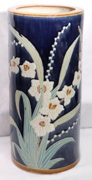 Hand Painted Ceramic Umbrella Holder With Blue Background And White Tropical Flowers.