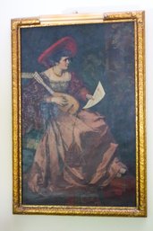 Antique Oil Painting On Canvas Of Lady With Mandolin Signed, Dated 1877.