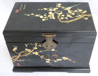 Large Japanese Hand Painted Jewelry Box With Red Silk Interior.