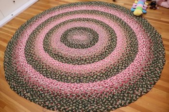 Gorgeous Multi Toned Hand Woven Rag Rug With Bright Floral Pink And Forest Green Tones 86- Inch Diameter