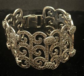 Sterling Silver 8 Inch Fancy Wide Marcasite Bracelet