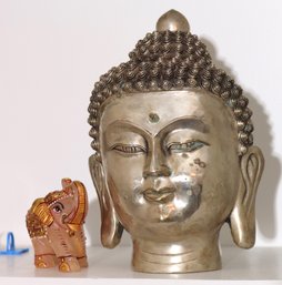 Heavy Weighted Chrome Buddha Statue With Marking On The Bottom, And Hand Painted/carved Signed Pink Stone Elep