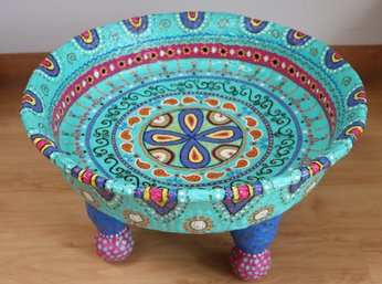 Large Handcrafted/painted Papier Mch Pedestal Bowl With Intricate Design And Use Of Colors