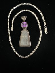 BEAUTIFUL STERLING SILVER, AMETHYST AND CRYSTALIZED STONE PENDANT ON 16 INCH STERLING CHAIN