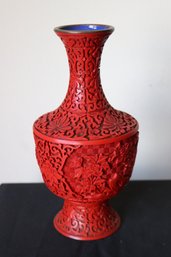 Vintage Red Cinnabar Vase With Blue Enamel Interior.