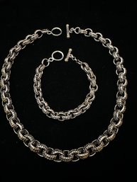 Quality Silvertone Heavy Link Necklace And Bracelet With Gold Tones