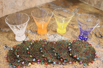 Set Of 4 MCM Style Confetti Spectra Cocktail Glasses From Dansk And A Set Of 6 Fun Beaded Handmade Coasters