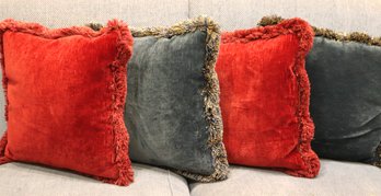 Set Of Four Red And Blue Toned 18-inch Quality Microfiber Accent Pillows With Fringes