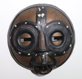 Unique Black Ghanaian Sesi Wood Mask Made From Carved Wood, Brass & Inland Shells