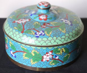 Antique Round Cloisonne Lidded Box Signed CHINA Featuring Blue & Red Flowers.