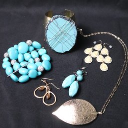 Lot Of Costume, Jewelry With Large Cuff Bracelet With Faux, Turquoise Stone, Three  Strand And More