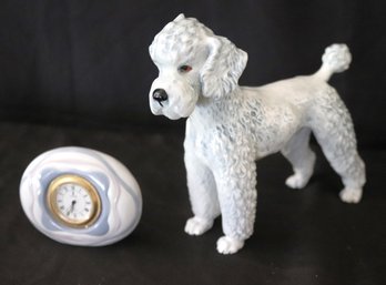 Goebel West Germany 1968 CH 620 Porcelain Poodle Figure Includes A Miniature Lladro Quartz Clock