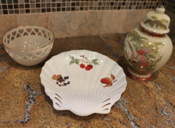 Includes A Pierced Heart Lenox Bowl, Evesham Shell Shaped Plate And Japanese Crackle Finished Urn With Lid