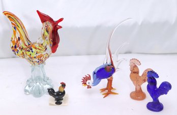 Lot Of 5 Glass Roosters And Rooster Soap Dispenser.