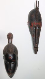 African Mali Warka Marka Carved Wood & Metal Traditional Mask & Baule Carved Wooden Mask With Bird Crest