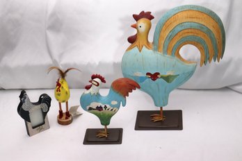 3 Decorative Handcrafted Roosters And A Rooster Themed Frame.