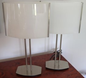 Pair Of Retro Satin Chrome Table Lamps With Curved White Glass Shades.