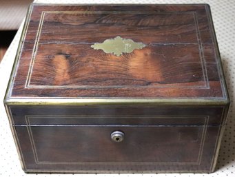 Antique Edwardian Era Wood Toiletry Box With Brass Inlay, Mirror & Silver Topped Glass Boxes