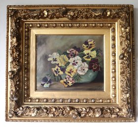 Signed Oil On Canvas Painting Of Pansies Dated 1898 I A. Sherwood N Elaborate Gold Frame.