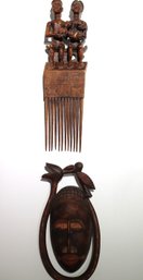 Vintage Hand Carved Ashanti Fertility Doll Comb, Ghanaian African Mask