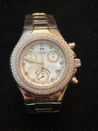 Techno Marine Ladies Watch With Pave Diamond  Bezel And Mother Of Pearl Face