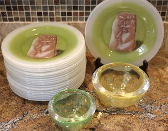 Samias Dessert Plates And Art Glass Bowl Set