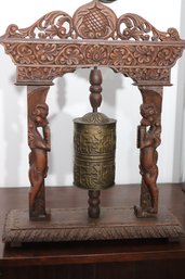 Highly Carved Vintage Brass Prayer Wheel On A Carved Temple Frame