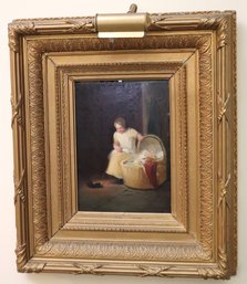 Original 19th Century Oil Painting On Wood Board In French Empire Frame