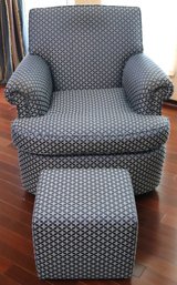 Furniture Masters Swivel Arm Chair With Custom Textured Blue Linen Fabric.