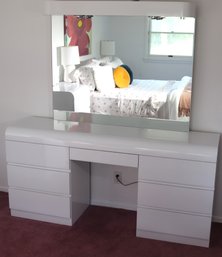 Vintage White Formica 7 Drawer Dressing Table Or Vanity With Attached Light Up Mirror.