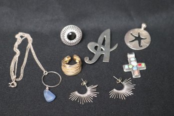 Lot Of Sterling Silver Jewelry With Starfish Pendant, Bejeweled, Cross, Earrings, Two  Rings, Monogram A Piece