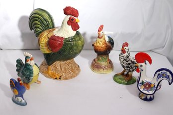 A Lot Of Ceramic Roosters And A Rooster Cookie Jar.