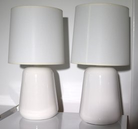 Pair Of Crate And Barrel Retro Style Shiny White Ceramic Table Lamps.