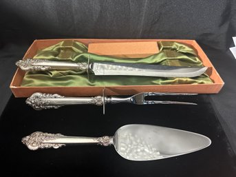 WALLACE GRND BAROQUE STERLING SILVER CARVING SET PLUS CAKE SERVER - 3 PC WITH SHARPENING STONE