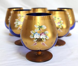 Vintage Czech Bohemian Cobalt Blue & Gold Hand Painted Flowers Brandy Glasses.