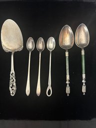 MIXED STERLIJNG SILVER SPOON LOT PLUS 830 SILVER SPATULA SIGNED NM