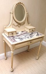 Antique Louis XVI Style Carved Wood Vanity With A Marble Surface, Quality Tongue And Groove Craftsmanship