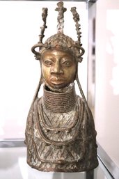 Vintage Head Of An Oba Mid-20th Century Brass/Bronze Finish Bust African Benin Nigeria, Very Heavy!