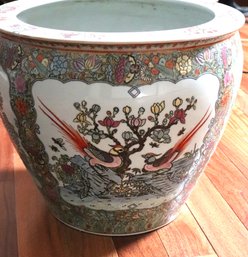 Large Hand-painted Porcelain Planter With Colorful Designs, Featuring Birds And Flowers.