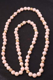 Pink Coral Necklace W 14 Gold Beads Approx. 5/16 Wide And 14 Smaller Gold Beads