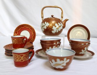 Very Fine Antique Japanese Porcelain Cups, Saucers, And Teapot.